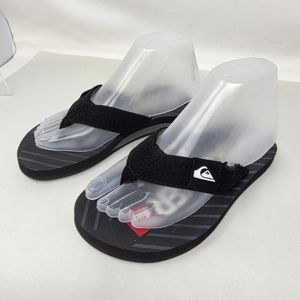 Quiksilver Flip Flop Sandals Mens 8.5 Black Grey Logo Thong Beach Shoes Fair